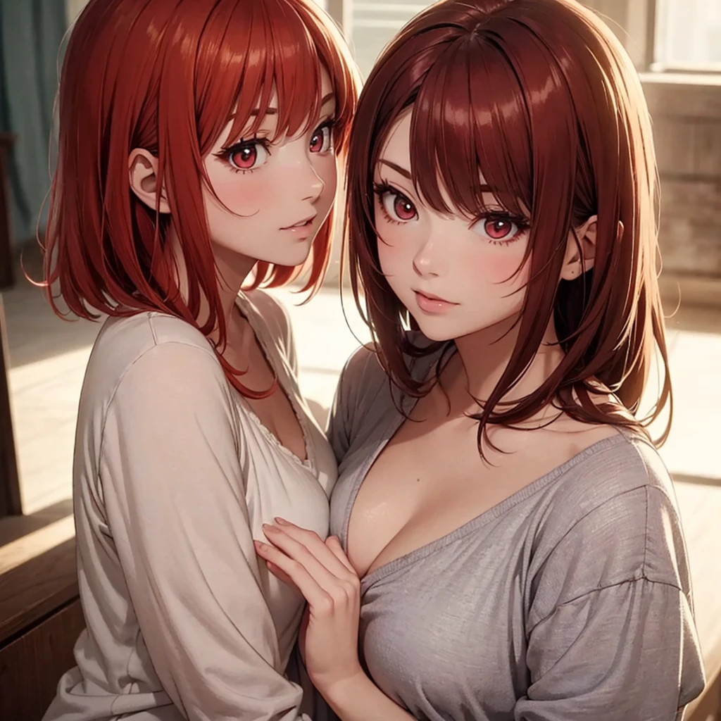 Two beautiful young women, Anime Style, Detailed face, Redhead, Red eyes, Delicate features, Soft lighting, Casual clothing, Embrace each other, Intimate pose, One touches the other'Wash your face gently, Sit on a cozy sofa, Warm and cozy living room, Relaxed affection, Dynamic pose, Japanese Anime Style, high quality, Very detailed, 8K resolution, Cinema Lighting, 最high quality, Vibrant colors, Instagrammable, beautiful, tendency、sexy、Erotic