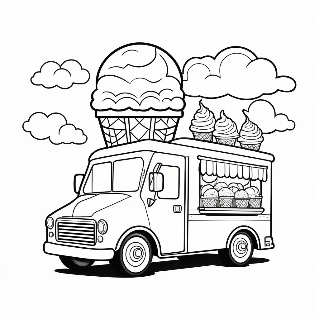 Cute ice cream truck, coloring page for kids, happy, smiling,cloud, vector art, minimalistic, vector 2d, black lines white background, coloring page for beginners, vector illustration, pencil strokes, no color, drawing for coloring, white background, pixar style, black and white