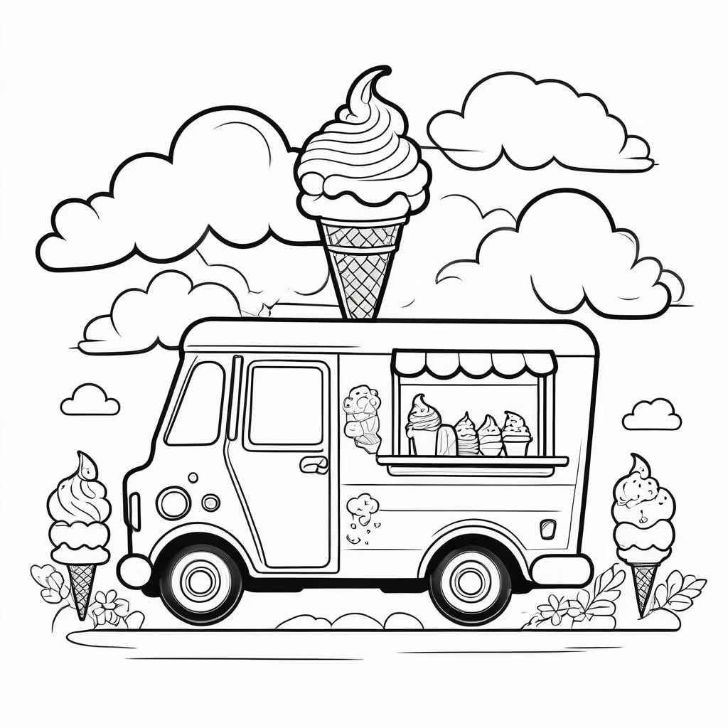 Cute ice cream truck, coloring page for kids, happy, smiling,cloud, vector art, minimalistic, vector 2d, black lines white background, coloring page for beginners, vector illustration, pencil strokes, no color, drawing for coloring, white background, pixar style, black and white