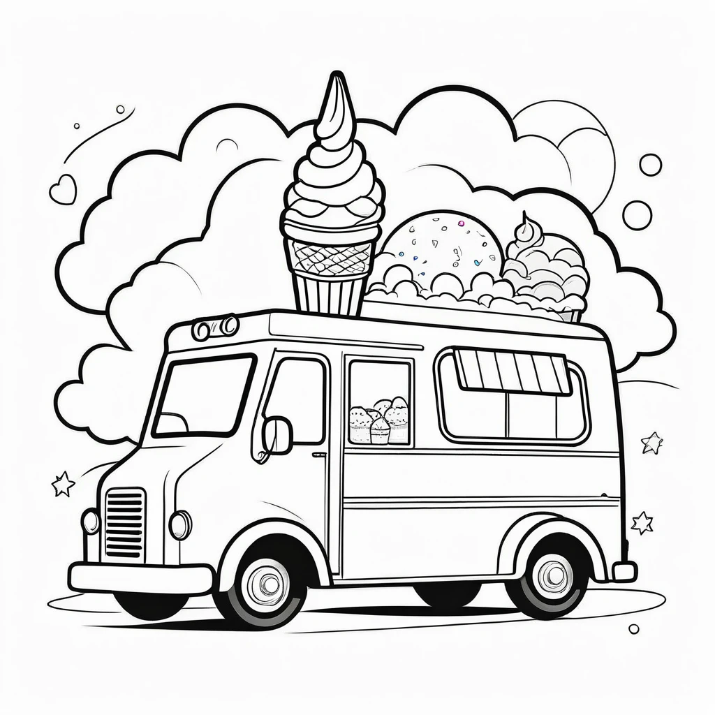 Cute ice cream truck, coloring page for kids, happy, smiling,cloud, vector art, minimalistic, vector 2d, black lines white background, coloring page for beginners, vector illustration, pencil strokes, no color, drawing for coloring, white background, pixar style, black and white