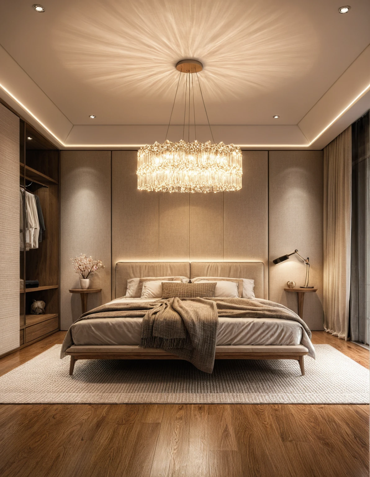 Raw photo,Masterpiece, high quality, best quality, authentic, super detail, interior, indoors, ((bedroom style modern luxury)), sunset, day light, bed, carpet, bedside cabinets, wood floor ,wardrobe, glass cabinet doors, chandeliers, windows, curtains, downlight, (flower vase)