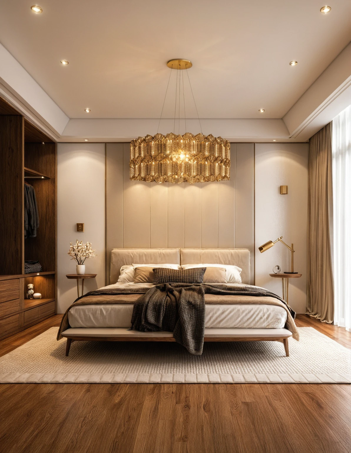 Raw photo,Masterpiece, high quality, best quality, authentic, super detail, interior, indoors, ((bedroom style modern luxury)), sunset, day light, bed, carpet, bedside cabinets, wood floor ,wardrobe, glass cabinet doors, chandeliers, windows, curtains, downlight, (flower vase)