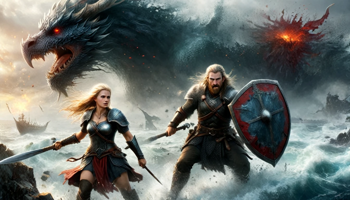 (Intricate details, masterpiece, best quality:1.4) , J. R. R. Tolkien and LoRd of the Ring style aRt, Energetic, fantasy, detailed, epic, heroic, Reminiscent《A Song of Ice and Fire》series, Dynamic posture A field,A man and a woman，Angry viking warrior with round shield and axe, He roared and rushed into the battlefield. Her face was covered in blood.. In the background you can see the sea and some Viking dragon ships.
