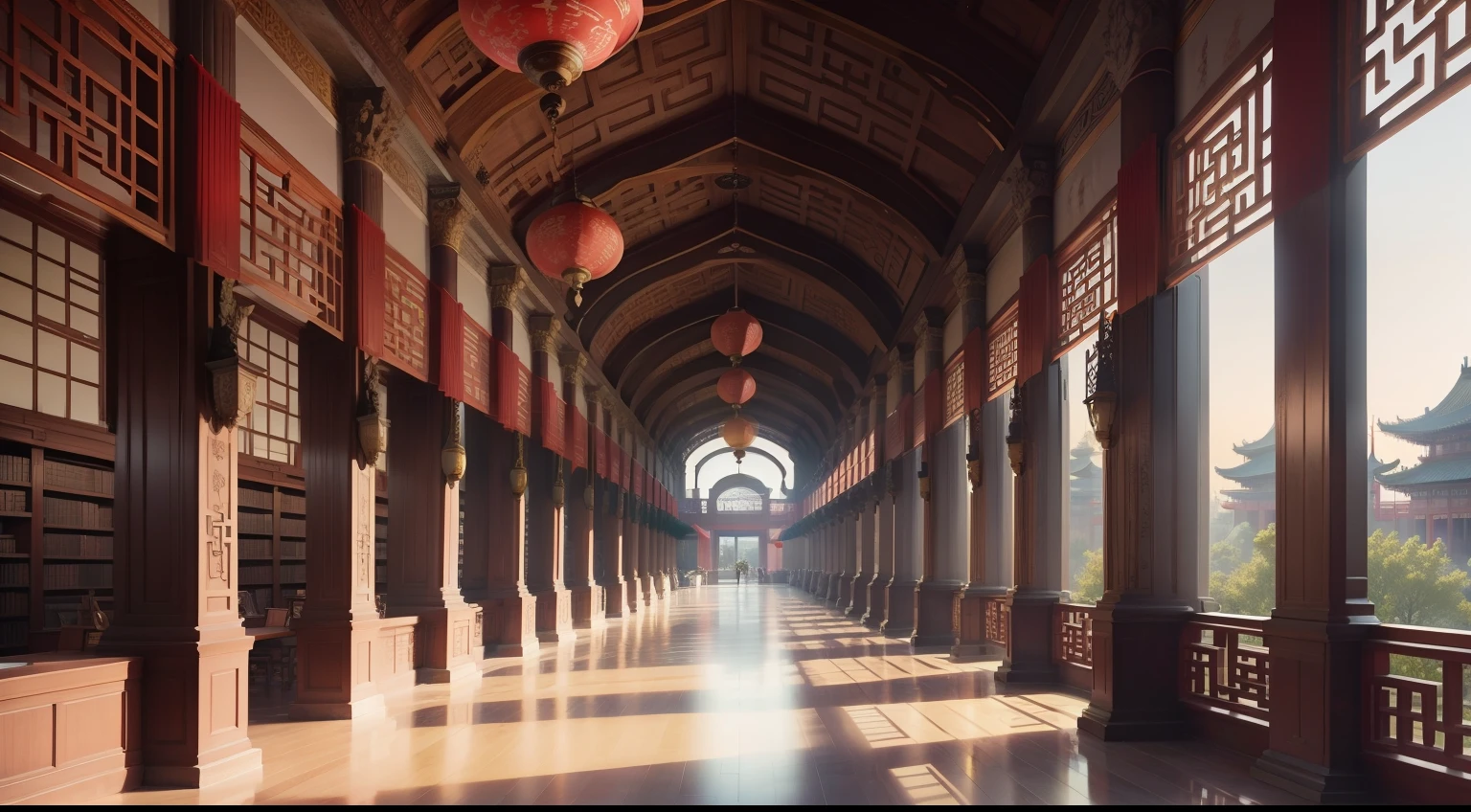 Beautiful library view in classical Chinese architecture，The road to the future