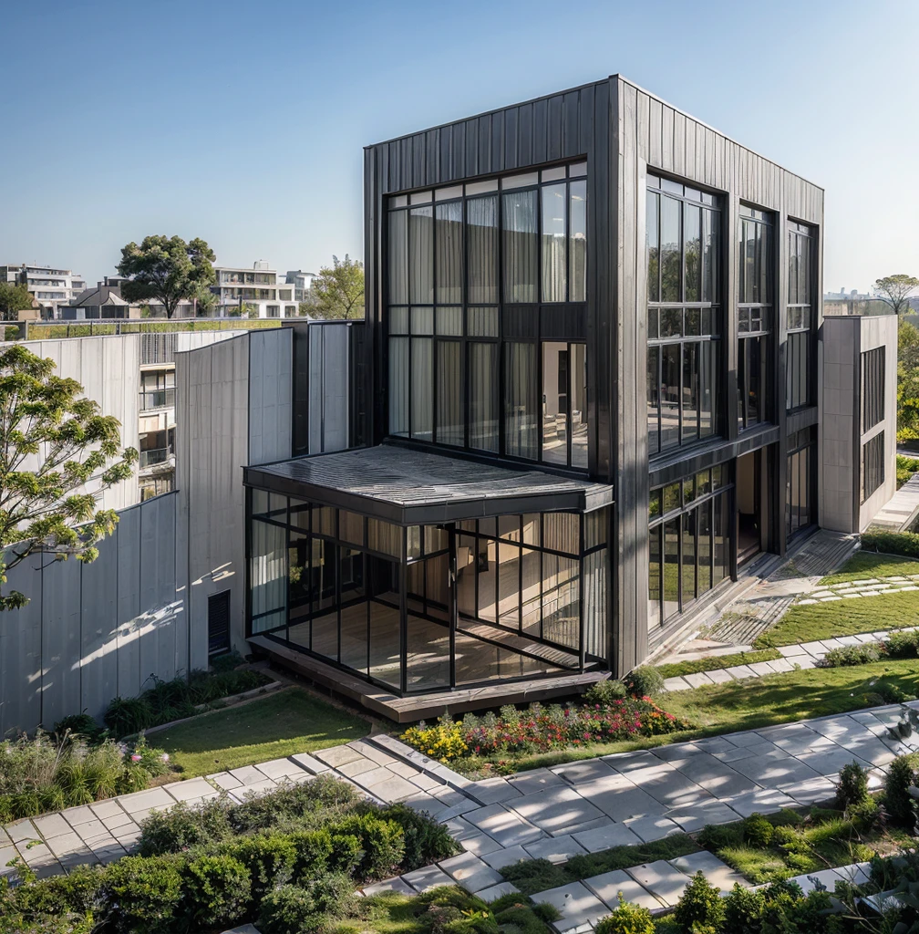 RAW photo, ((Black wall:1.3)) modern house,(marble texture 1.3), (wood texture 1.3) (road:1.3), (sidewalk:1.3), (sidewalk trees:1.3), (residences area:1.4), daytime, daylight, (high detailed:1.2), 8k uhd, dslr, soft lighting, high quality, (sharpen:1.5), 