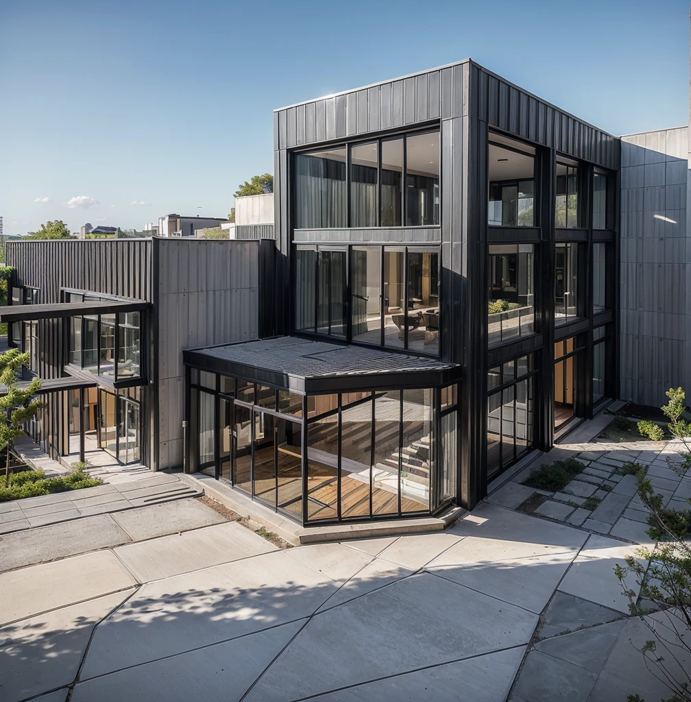 RAW photo, ((Black wall:1.3)) modern house,(marble texture 1.3), (wood texture 1.3) (road:1.3), (sidewalk:1.3), (sidewalk trees:1.3), (residences area:1.4), daytime, daylight, (high detailed:1.2), 8k uhd, dslr, soft lighting, high quality, (sharpen:1.5), 