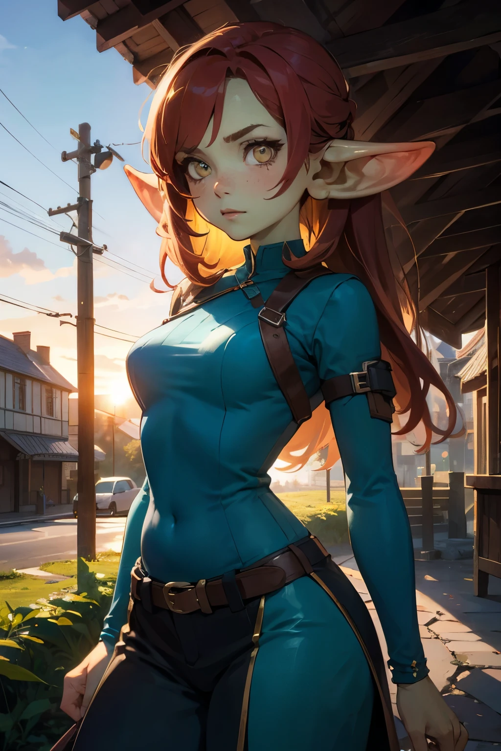 (masterpiece:1.3), (Best quality:1.5), (hires, A high resolution:1.3), 8 k, ultra_detailed, very much_Transparent, photo, Beautiful, sharp focus, HDR, (realistic, ultra realistic), BREAK
1girl, One, goblin girl, Red hair, redhead, freckles, Medium breasts, (green skin, yellow eyes, detailed eyes), villager outfit, belt, jewelry, BREAK
(medium shot, Looking at the viewer:1.2), (Tilt shift, hips, Deep Focus), BREAK
fantasy, village, path, markets, trees, grass, hedge, fences, bushes, building, Transparent blue sky, BREAK
evening, sunset, golden hour, (volumetric lighting, sharp shadows, daylight, Sun Ray)(Hetai) 
 