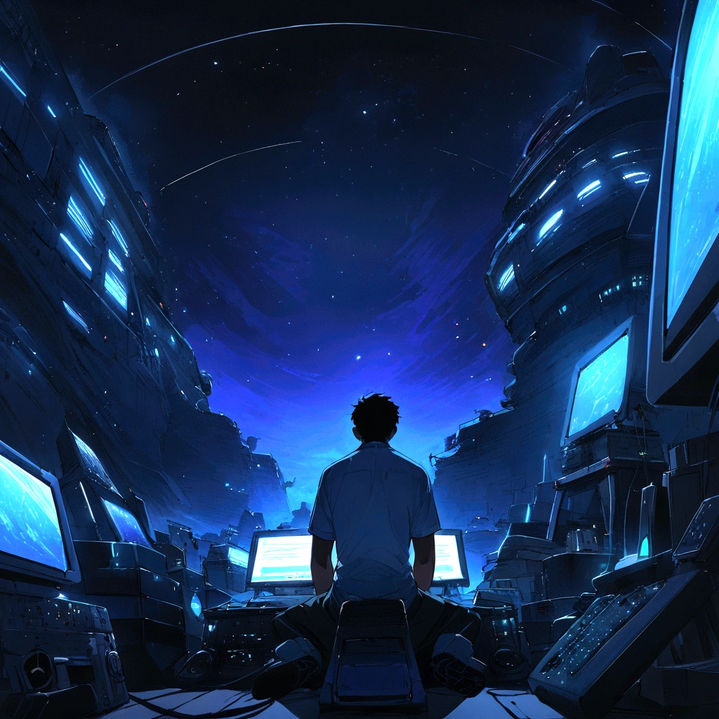 Back view of a cool young man programming on a computer in a room full of gadgets, Pol Makoto Shinkai e Ghibli Studio, Dramatic lighting, Very detailed, Great quality, Dark Skin, Cone Fade、Space landscape with earth on top、creative