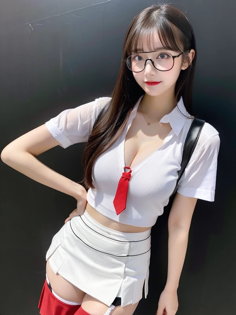 Perverted teacher at school、1 girl、Full Body Lesbian、Slim figure、Red-rimmed glasses、White shirt、Super huge 、Cleavage、Bra is visible through、Leather tight mini skirt、garter belt、Standing in front of the blackboard、Glare、Japanese、Real、16K、Highest quality