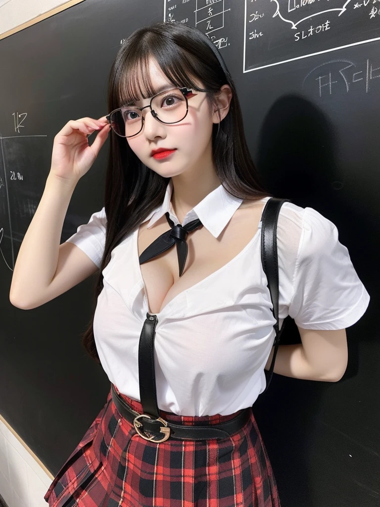 Perverted teacher at school、1 girl、Full Body Lesbian、Slim figure、Red-rimmed glasses、White shirt、Super huge 、Cleavage、 is visible through、Leather tight 、garter belt、Standing in front of the blackboard、Glare、Japanese、Real、１６K、Highest quality