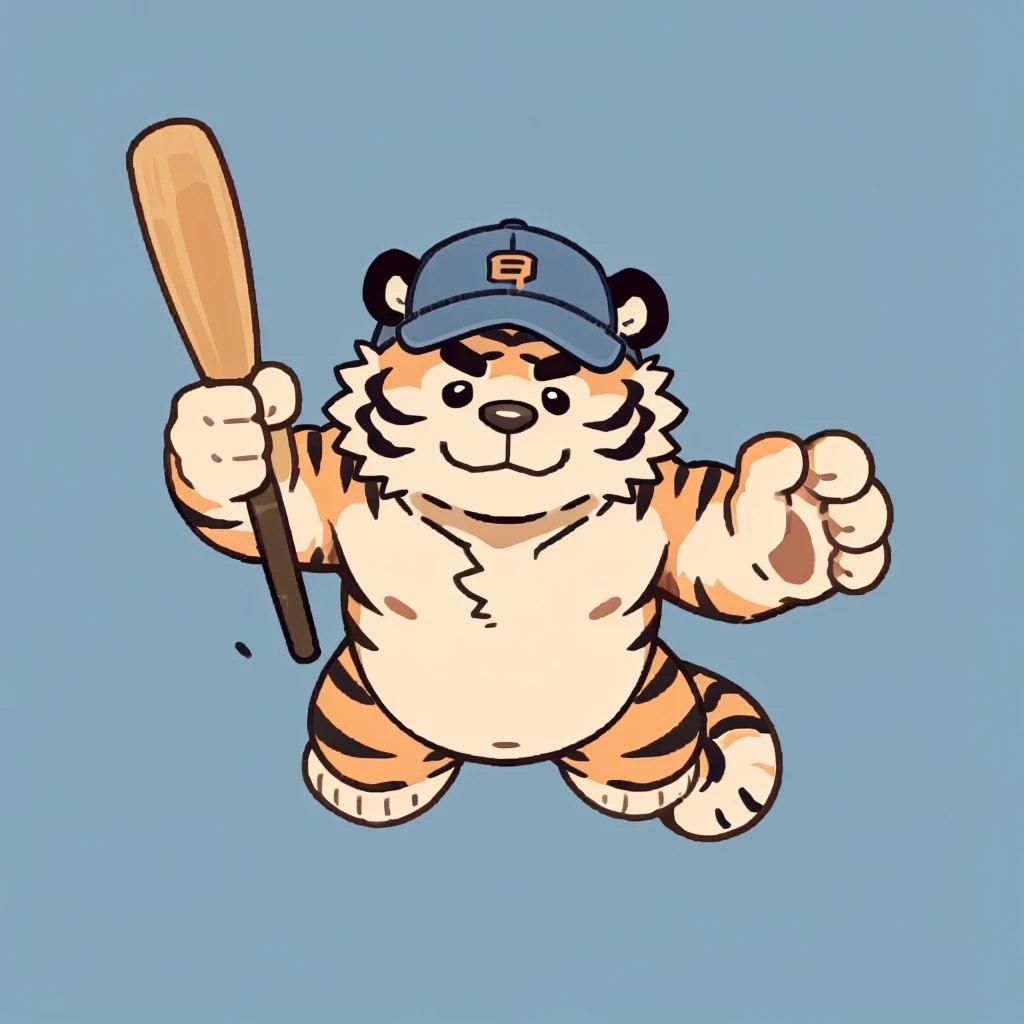 Solitary, tiger face,Cute face,human nature(tiger), (Baseball cap, Swinging a baseball bat) ,(sideways, sideways), Chubby,(White eyebrows:1.1),(Perfect black eyes),Simple background, Blue Background,Plot style。（artist:Takemoto Arashi）