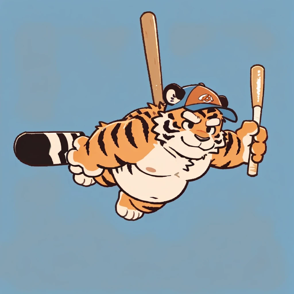 Solitary, tiger face,Cute face,human nature(tiger), (Baseball cap, Swinging a baseball bat) ,(sideways, sideways), Chubby,(White eyebrows:1.1),(Perfect black eyes),Simple background, Blue Background,Plot style。(artist:Takemoto Arashi)