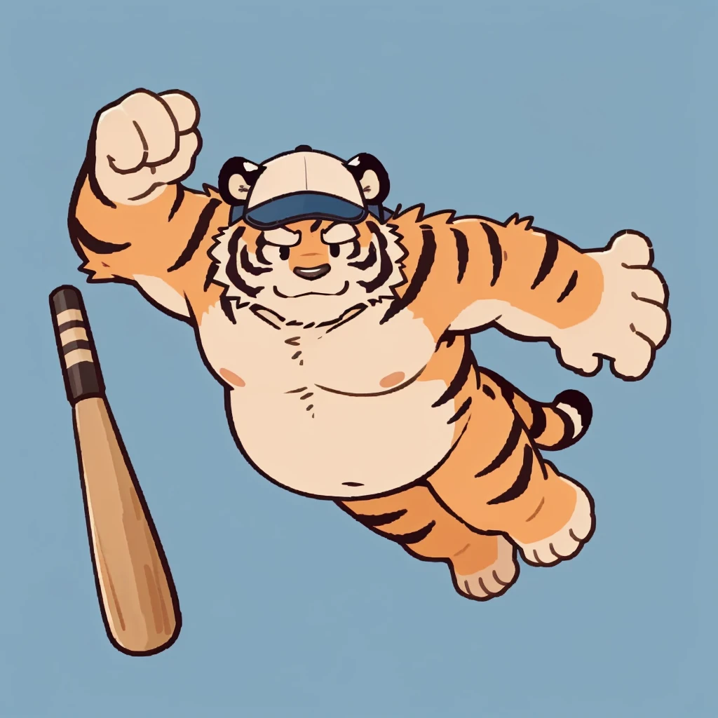 Solitary, tiger face,Cute face,human nature(tiger), (Baseball cap, Swinging a baseball bat) ,(sideways, sideways), Chubby,(White eyebrows:1.1),(Perfect black eyes),Simple background, Blue Background,Plot style。（artist:Takemoto Arashi）