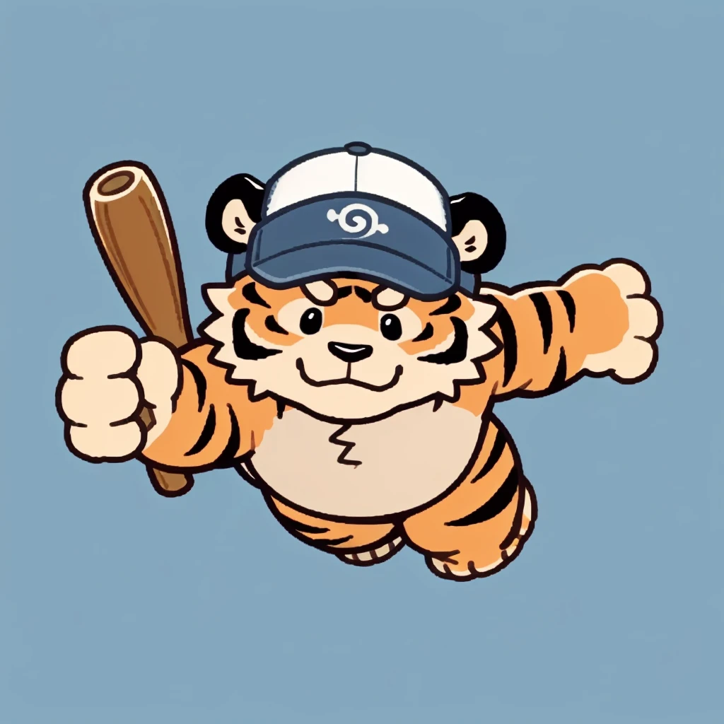 Solitary, tiger face,Cute face,human nature(tiger), (Baseball cap, Swinging a baseball bat) ,(sideways, sideways), Chubby,(White eyebrows:1.1),(Perfect black eyes),Simple background, Blue Background,Plot style。（artist:Takemoto Arashi）