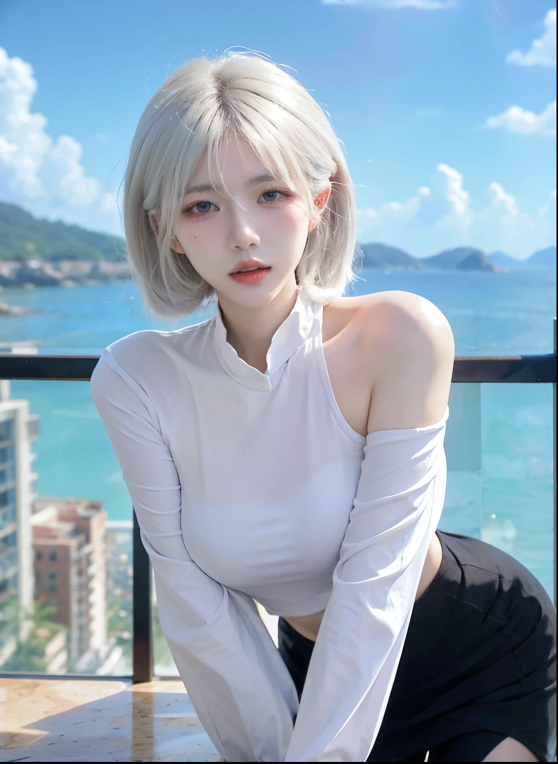 Beautiful woman with perfect figure:1.4，Ultra-high resolution，Seductive laughter，wear glasses，White背景，（lifelike：1.4），Layered Hairstyle，White皮肤，Super short pleated skirt，whole body，Very delicate face and skin texture，Double eyelids，Skin Whitening，Long hair，White hair，White，