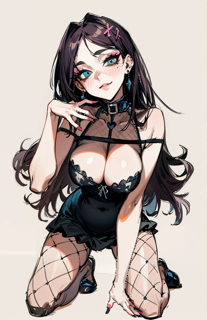 （best quality，masterpiece：1.2，detailed details，4K），((masterpiece)), ((best quality)), (ultra-detailed), anime style,large breast, slim, slender, ashamed,  ，Kneeling,Girl with modern gothic makeup, fair skin, long legs, black eyeshadow, Camisole, plump figure, earrings and lip studs, fishnet stockings, posing in an attractive pose, lovable expression，Pink hairpins