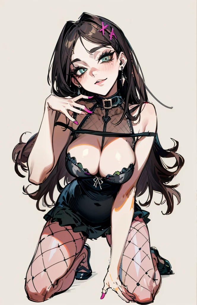 （best quality，masterpiece：1.2，detailed details，4K），((masterpiece)), ((best quality)), (ultra-detailed), anime style,large breast, slim, slender, ashamed,  ，Kneeling,Girl with modern gothic makeup, fair skin, long legs, black eyeshadow, Camisole, plump figure, earrings and lip studs, fishnet stockings, posing in an attractive pose, lovable expression，Pink hairpins
