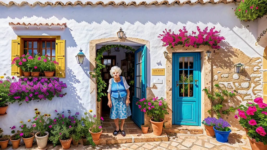 A picturesque small town on the Mediterranean coast of Spain. A quaint old house with a beautiful, colorful garden filled with vibrant flowers. An elderly woman named Maria, kind and warm, is tending to her garden with a smile.