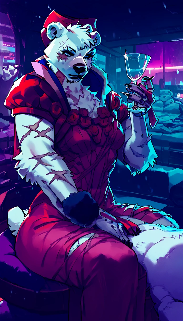 score_9, score_8_up, score_7_up, (cyberpunk city, night room, luxury casino, girls around:1.5),
((Polar bear:1.5), anthro, solo, female, sitting in an chair, (holding in hand, glass of vine), ((wearing cyberpunk-style dress, the mistress of the brothel, mafia boss)), ((snow white fur:1.5)), (deep scars:1.5), beautiful, (have cyberpunk additions:1.5)