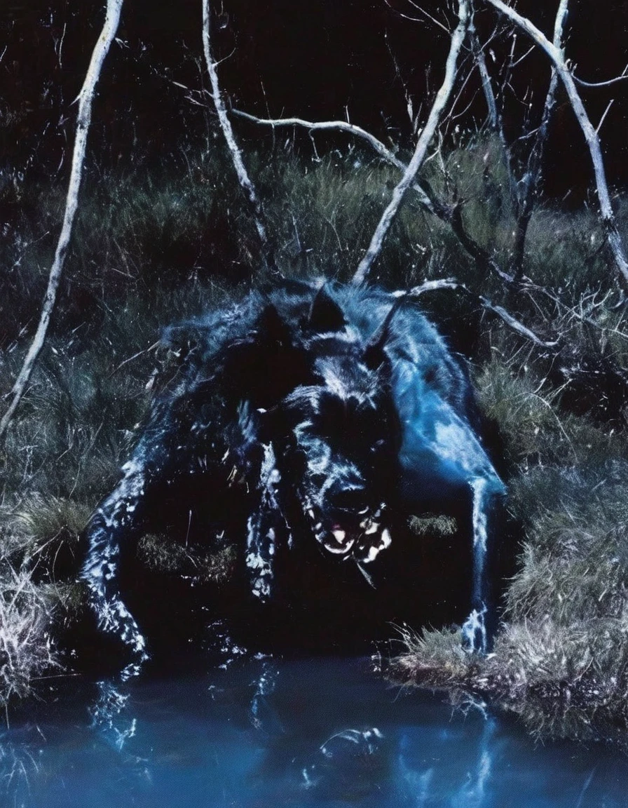 monster in water, dark forest background