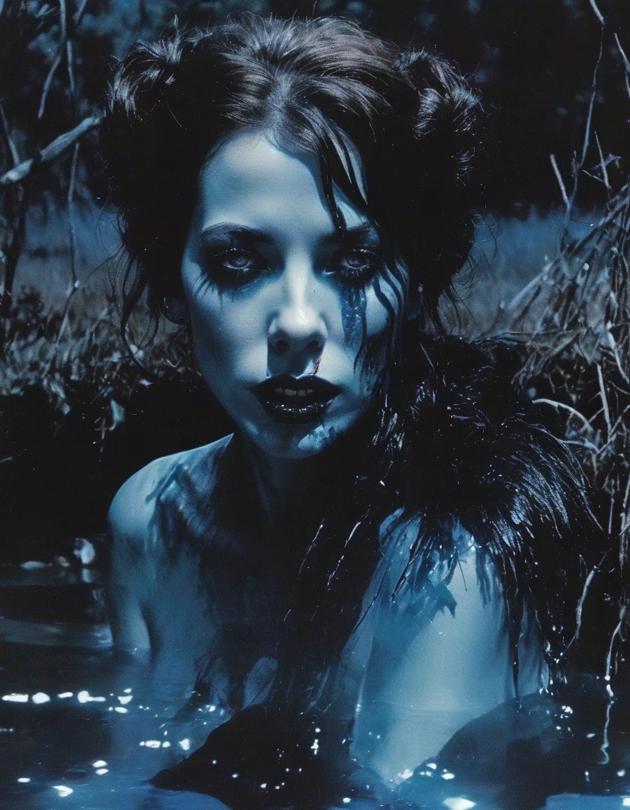 film photography, vintage, fashion photography of horror, horror witch zombie in black water, blue night forest background