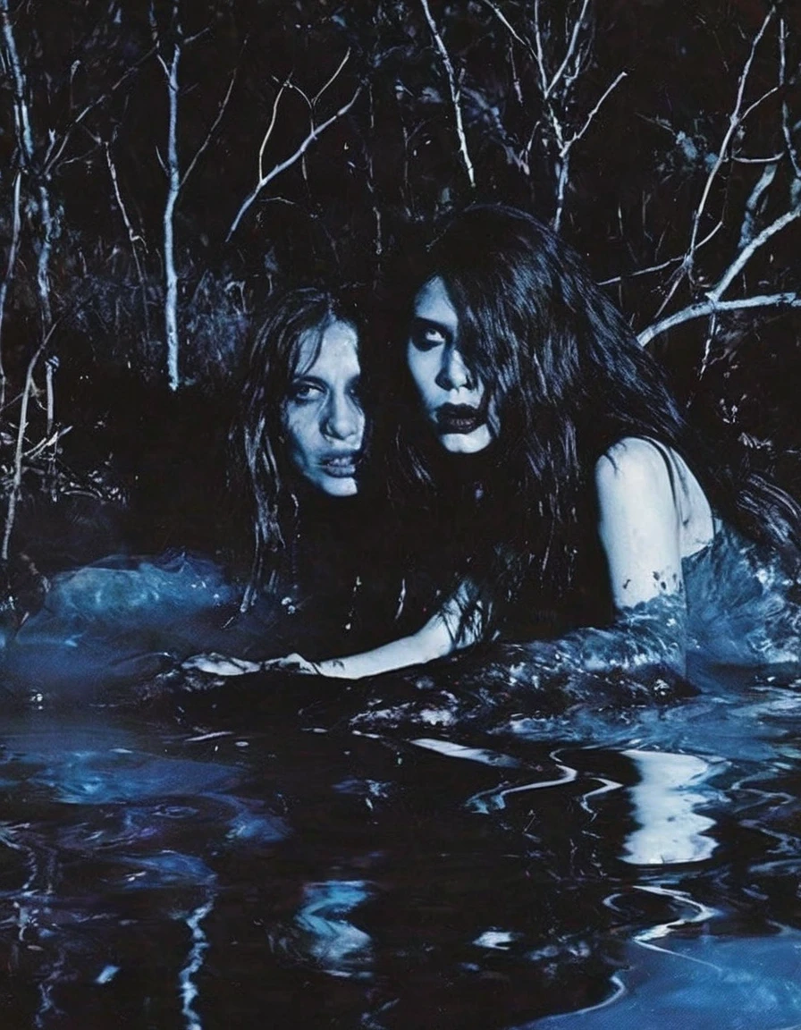 film photography, vintage, fashion photography of horror, horror witch zombie in black water, blue night forest background