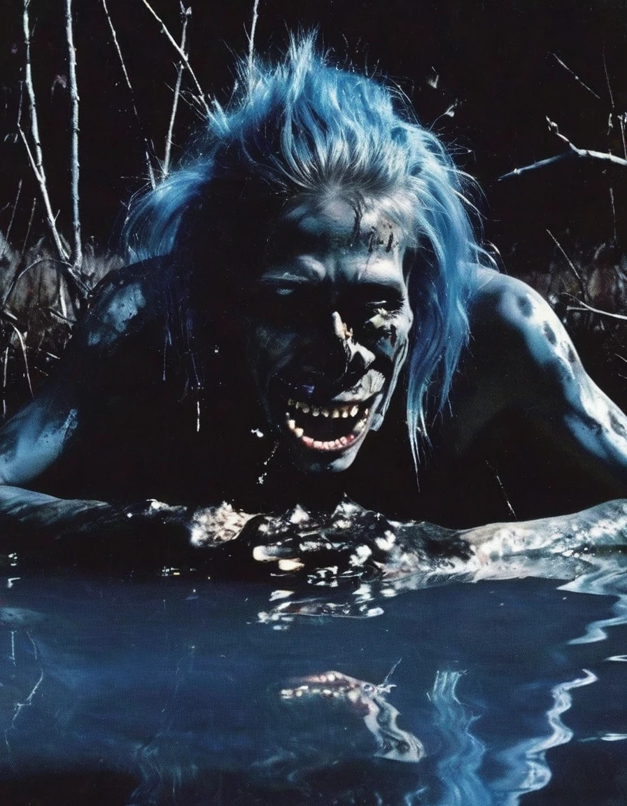 film photography, vintage, fashion photography of horror, horror witch zombie in black water, blue night forest background