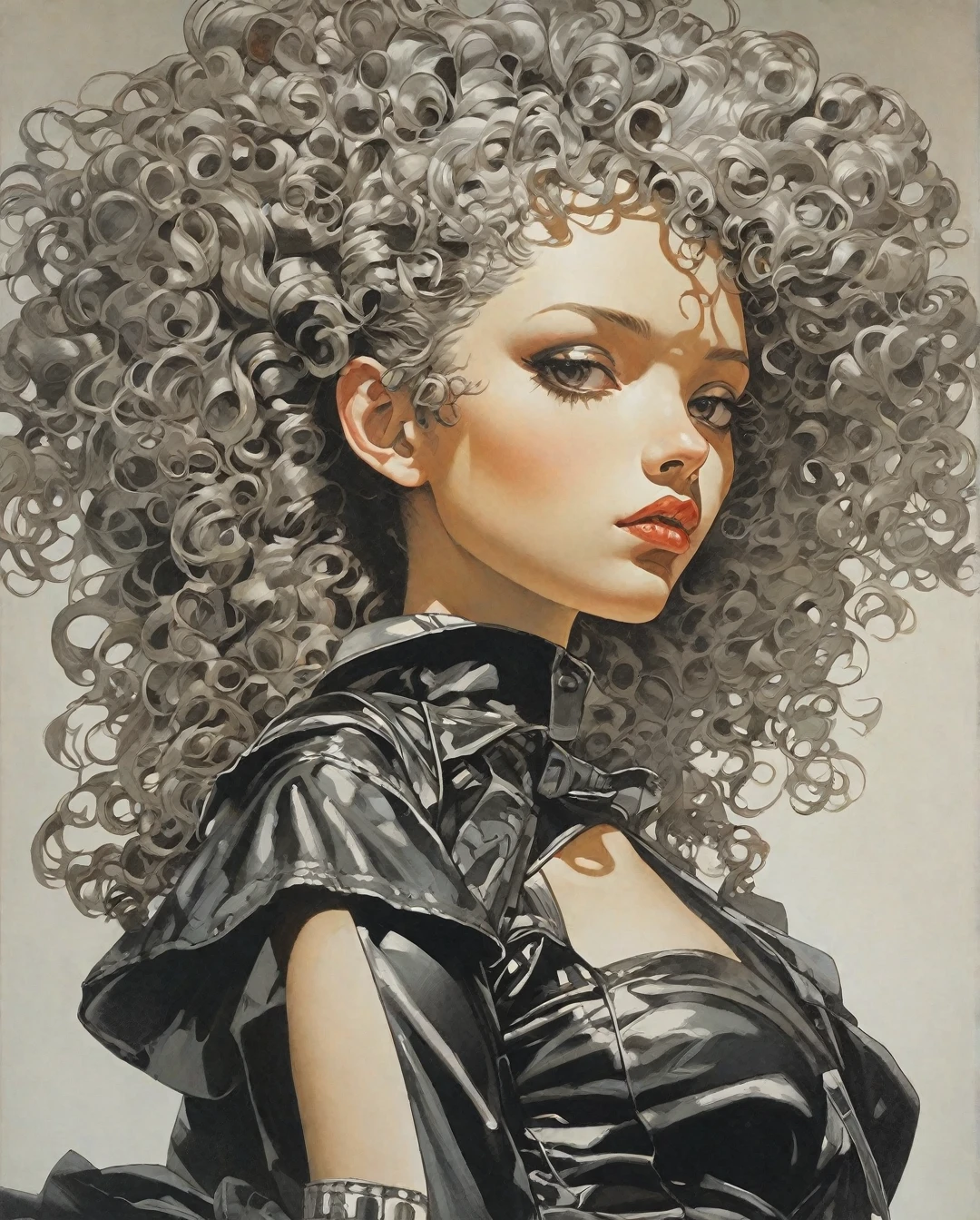 Flat-colored still of a photo of a (masterpiece:1.2, best quality), (real picture, intricate details), (1lady, solo, upper body, big) The clothes ar:avant-garde,avant-garde,Experiment with appearance:curlies,Dramatic makeup,Unconventional fashion choice behavior:rebelliousness、non-conformist、Provocation location:urban art district、Underground music venues Hobbies:Participation in punk shows、creating mixed media art、Try different subcultural values:individuality、Realiy、Creative expression of inspiration:Punk rock music、Counterculture icons,Avant-garde art movement character traits:boldness、boldness、act outside the box。.,... anime girl from a 80s Anime portrayed by hajime sorayama, looking away from the viewer, solemn expression