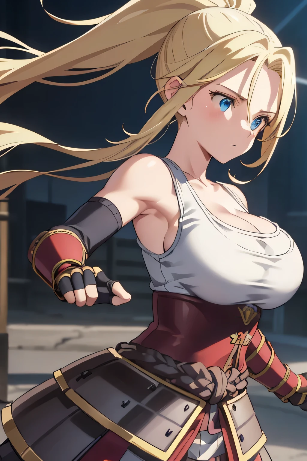 Beatrix Amerhauser, Beatrix Amerhauser, Long Hair, blue eyes, Blonde, gloves, ponytail, (Large Breasts:1.2), break gloves, fingerless gloves, armor, japanese armor, Tank top, white Tank top, Cleavage, clavicle,whole body,Pause, Run,Camera pull,Low - Angle,break outdoors, break (masterpiece:1.2), Highest quality, High resolution, unity 8k wallpaper, (figure:0.8), (Beautiful attention to detail:1.6), Highly detailed face, Perfect lighting, Highly detailed CG, (Perfect hands, Perfect Anatomy),