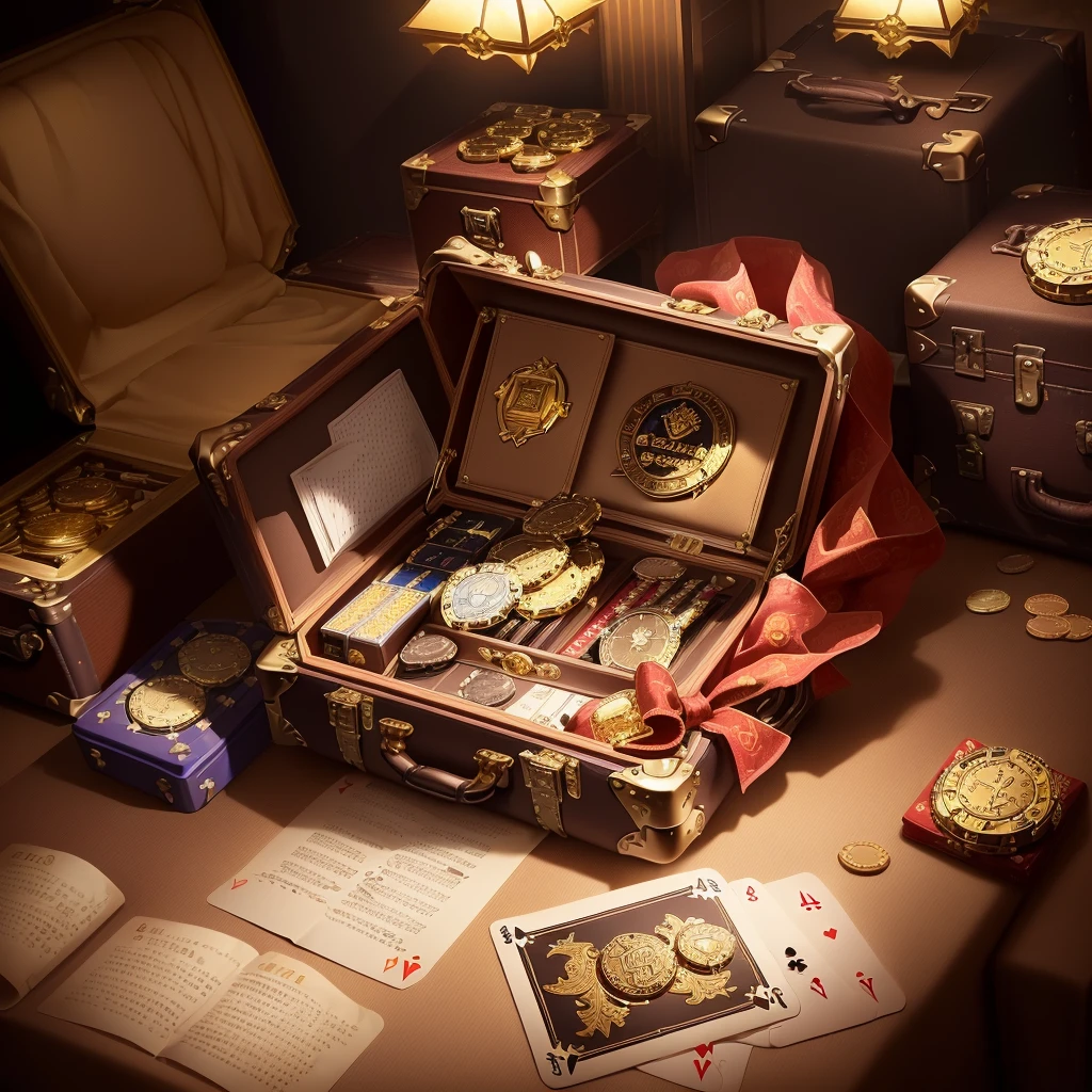 There is a suitcase full of coins and cards on the table, Loot Boxes, Treasure Box, There are many gold coins, author:Ni Yuanlu, poker, Game image, Treasure Boxs, author jeonseok lee, author:John Lagata, casino, Game Background, Treasure background, Gold and treasure, Background Image, mobile Game Background, From NCSOFT