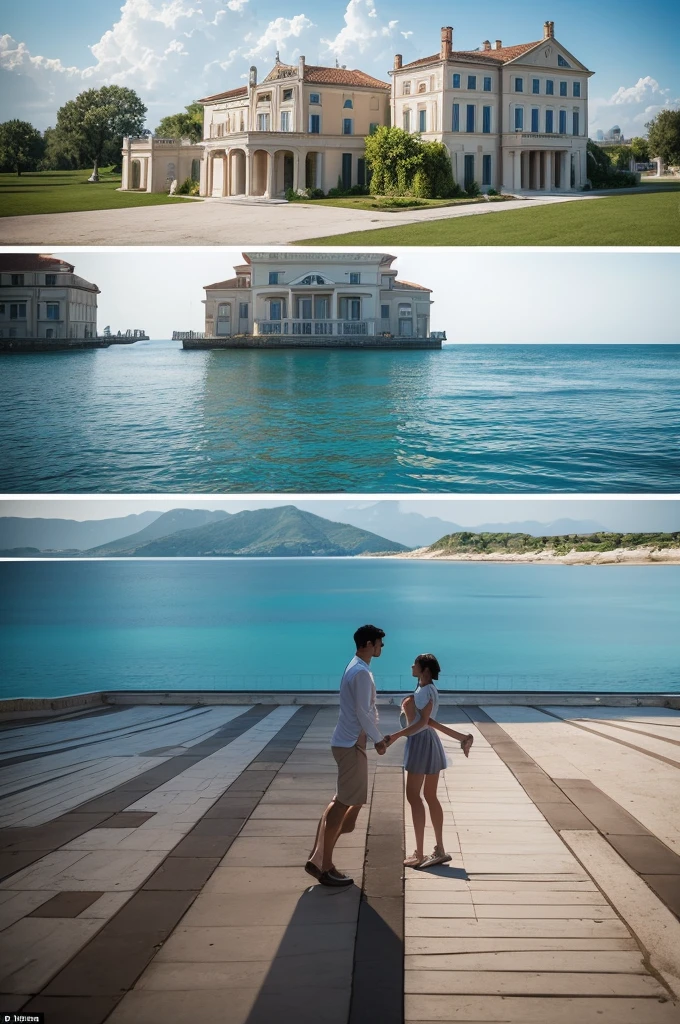 I want to create an image with these elements 1 white BMW x3 1 couple with 2 children 1 trip to Italy or a paradise island 1 image representing time slipping away 1 beautiful and large mansion-like couple Create in images in separate squares in the same photo