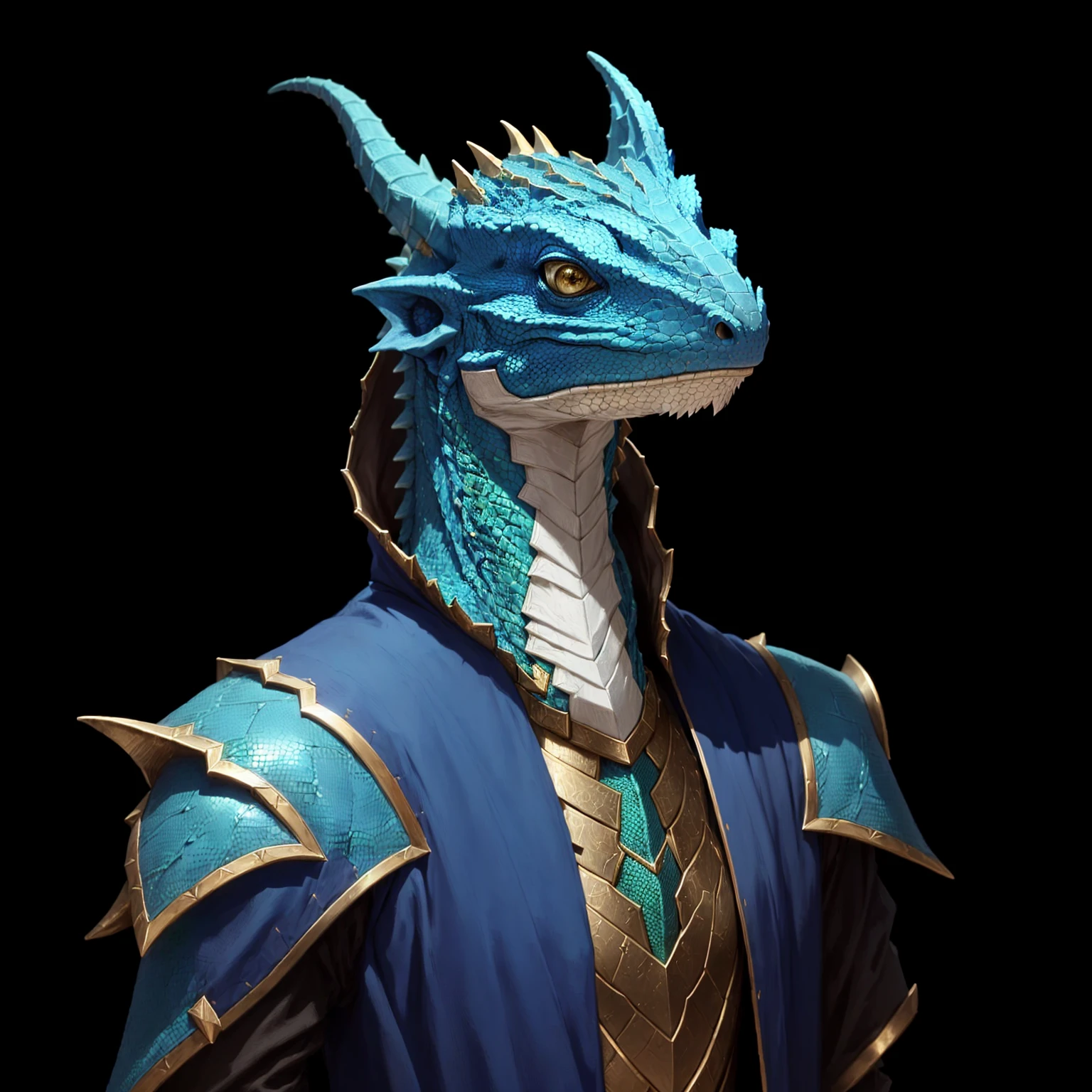 1 character, a close up of a person wearing a blue and brown outfit, argonian, male white dragonborn, african argonian! body! in full, lizardman thief, dragonborn, lizardfolk, as an anthropomorphic dragon, portrait of fin wildcloak, basilisk, inspired by Rajmund Kanelba, hyperdetailed fantasy character, lizard head, lizard person, dark blue eyes