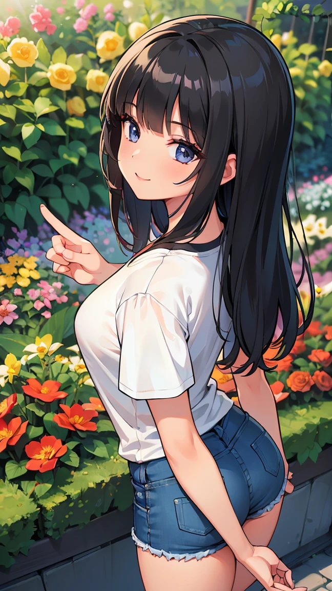 (8K, Live shooting, best quality, muste piece: 1.2), High-definition RAW color photo, Professional photography, cinematic light, ((1 girl)), focus on butt, (Low - Angle:1.2), super cute face, (black long hair), smile, Gorgeous body, glossy lips, slender body, big breasts, small butt, ((T-shirt, denim shorts, )), with your back turned:1.5, Are standing:1.2, Turn around pose, natural makeup, long eyelashes, shiny hair, asymmetrical bangs, tanned skin, pretty face, beautiful detailed eyes, beautiful body, beautiful chest, beautiful thighs, beautiful legs, (((clean fingers, 5 fingers on hand, five fingers))), (((flower garden, garden))), central image, high resolution, high detail, detailed hairstyle, detailed face, epic movie lighting, lively, hyper real, perfect limbs, perfect anatomy, anatomically correct,
