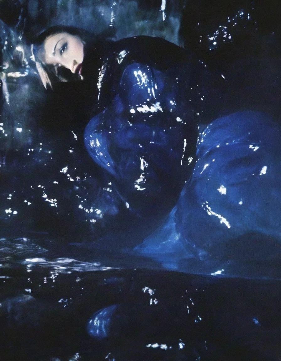 film photography, vintage, fashion photography of horror, close up photo of 90s beautiful fashion model in black water, blue night forest background