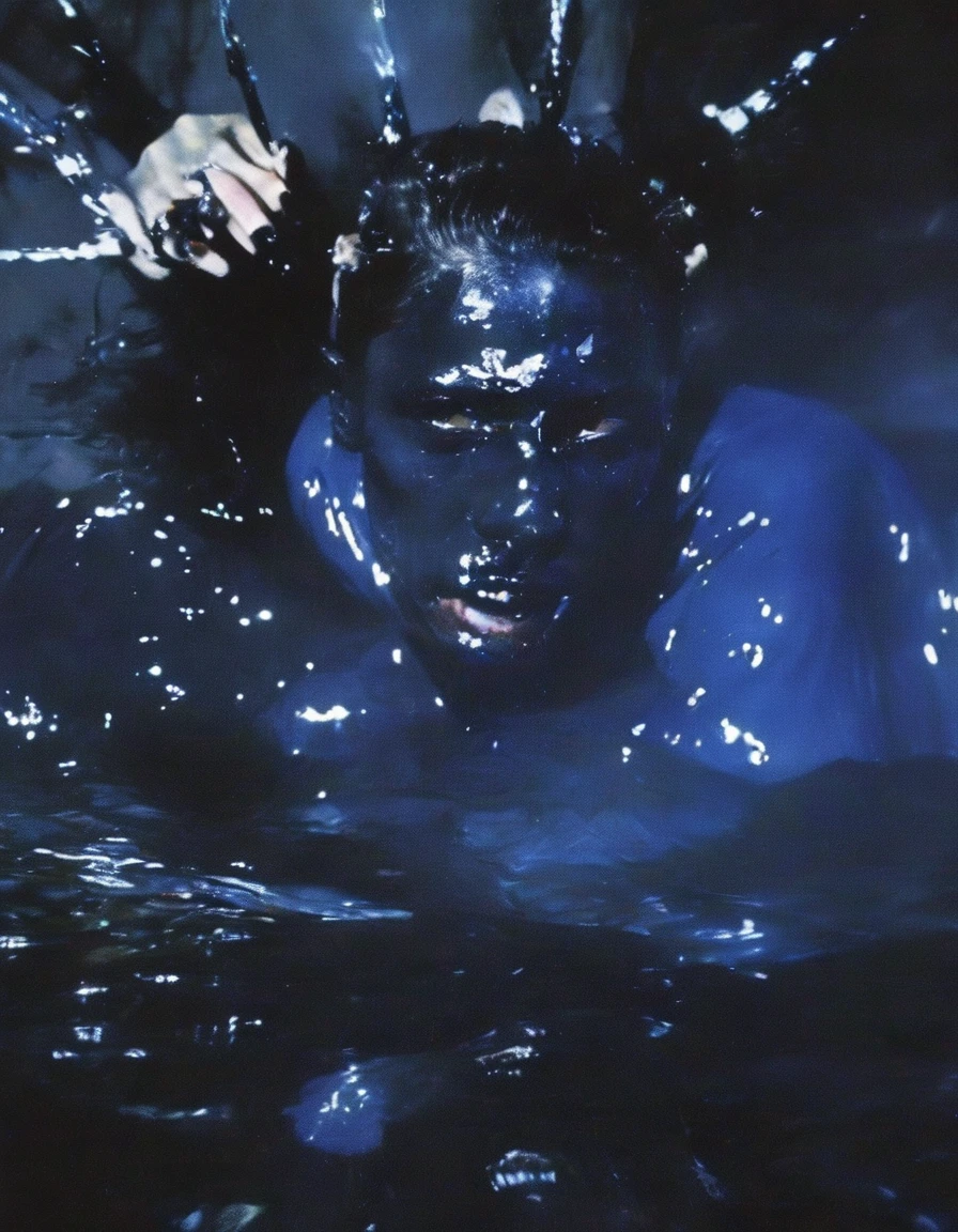 film photography, vintage, fashion photography of horror, close up photo of 90s beautiful fashion model in black water, blue night forest background