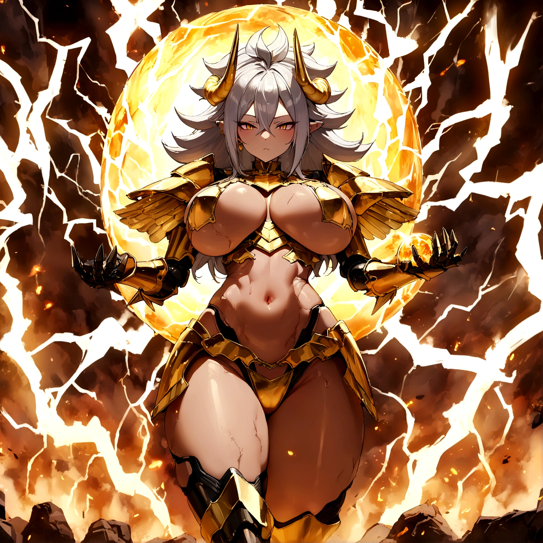 ((Lightning Power)), ((Electricity)), ((Fire Background)), ((Lightning Storm)), ((Power Erupting)), (((((android 21))))), (((Evil Power))), (((white Coat))), (((Busty))), (((((Big breast:1,3)))), luxury bustier corset, (((silver hair))), (((Very slim waist))), propotional body, ((Gorgeous)), (((Fire Blazing Horns))), ((((gold wings))), masterpiece, hyperdetail, ambient effect, digital effect, (((Fire Gold Bikini Armor))), (((Lightning Gold Wings))), ((((Gigantic Rasengan))))