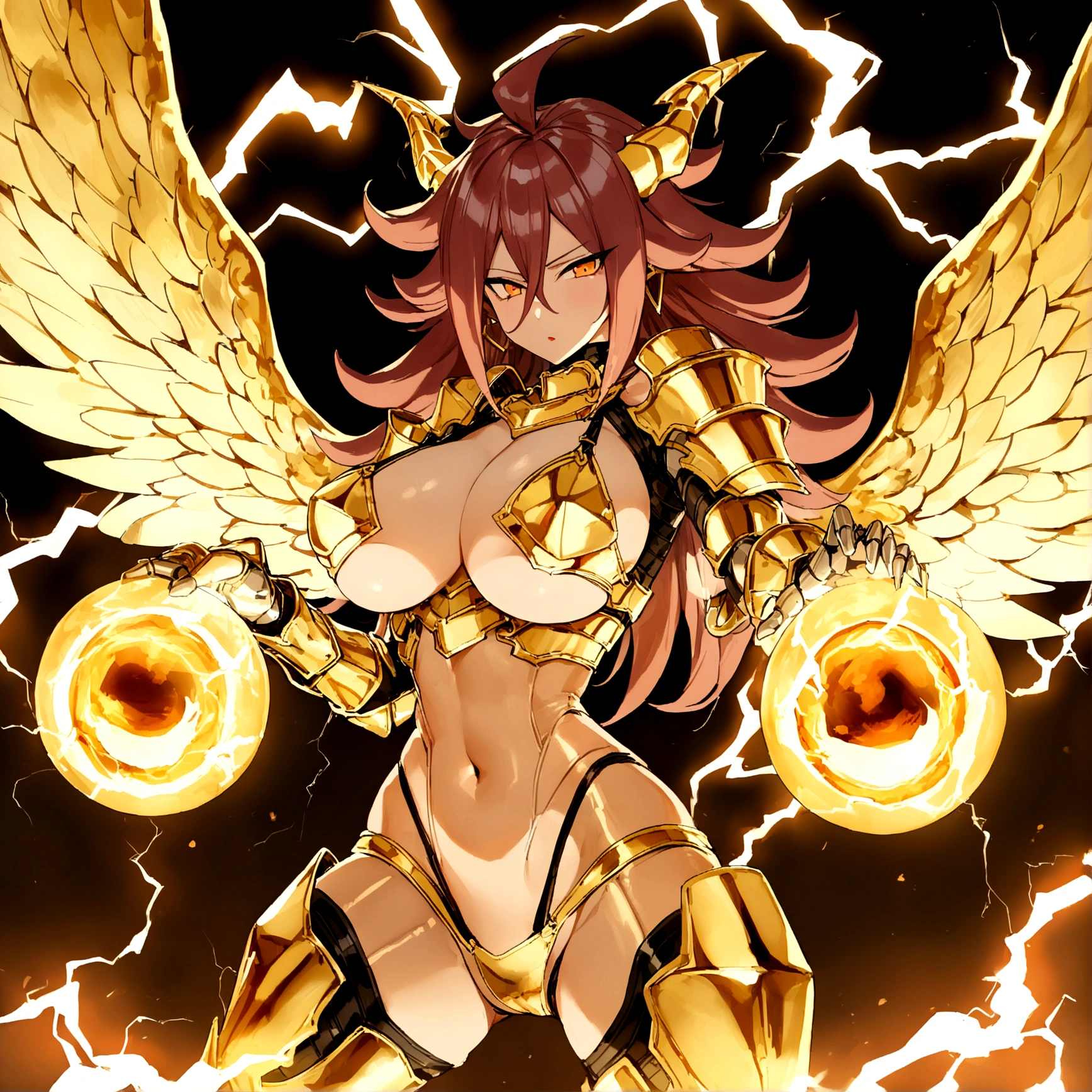 ((Lightning Power)), ((Electricity)), ((Fire Background)), ((Lightning Storm)), ((Power Erupting)), (((((android 21))))), (((Evil Power))), (((white Coat))), (((Busty))), (((((Big breast:1,3)))), luxury bustier corset, (((silver hair))), (((Very slim waist))), propotional body, ((Gorgeous)), (((Fire Blazing Horns))), ((((gold wings))), masterpiece, hyperdetail, ambient effect, digital effect, (((Fire Gold Bikini Armor))), (((Lightning Gold Wings))), ((((Gigantic Rasengan))))