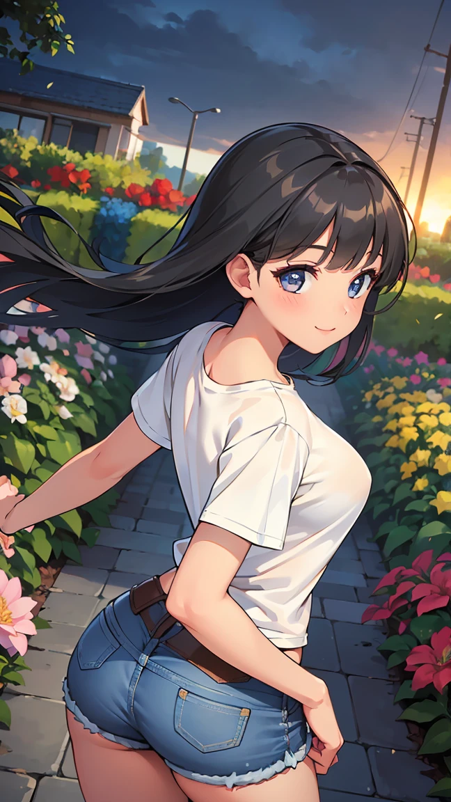 (8K, Live shooting, best quality, muste piece: 1.2), High-definition RAW color photo, Professional photography, cinematic light, ((1 girl)), focus on butt, (Low - Angle:1.2), super cute face, (black long hair), smile, Gorgeous body, glossy lips, slender body, big breasts, small butt, ((T-shirt, denim shorts, )), with your back turned:1.5, Are standing:1.2, Turn around pose, natural makeup, long eyelashes, shiny hair, asymmetrical bangs, tanned skin, pretty face, beautiful detailed eyes, beautiful body, beautiful chest, beautiful thighs, beautiful legs, (((clean fingers, 5 fingers on hand, five fingers))), (((flower garden, garden))), central image, high resolution, high detail, detailed hairstyle, detailed face, epic movie lighting, lively, hyper real, perfect limbs, perfect anatomy, anatomically correct,