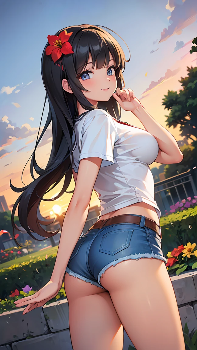 (8K, Live shooting, best quality, muste piece: 1.2), High-definition RAW color photo, Professional photography, cinematic light, ((1 girl)), focus on ????, (Low - Angle:1.2), super cute face, (black long hair), smile, Gorgeous body, glossy lips, slender body, ???????????, small ????, ((T-shirt, denim shorts, )), with your back turned:1.5, Are standing:1.2, Turn around pose, natural makeup, long eyelashes, shiny hair, asymmetrical bangs, tanned skin, pretty face, beautiful detailed eyes, beautiful body, beautiful ?????, beautiful thighs, beautiful legs, (((clean fingers, 5 fingers on hand, five fingers))), (((flower garden, garden))), central image, high resolution, high detail, detailed hairstyle, detailed face, epic movie lighting, lively, hyper real, perfect limbs, perfect ???????, anatomically correct,