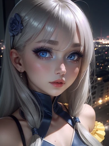 One Woman、Yellow Dress、Gray Hair、((blue eyes))、Captivating eyes、Night view