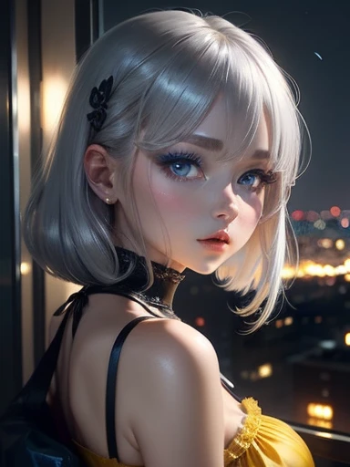 One Woman、Yellow Dress、Gray Hair、((blue eyes))、Captivating eyes、Night view