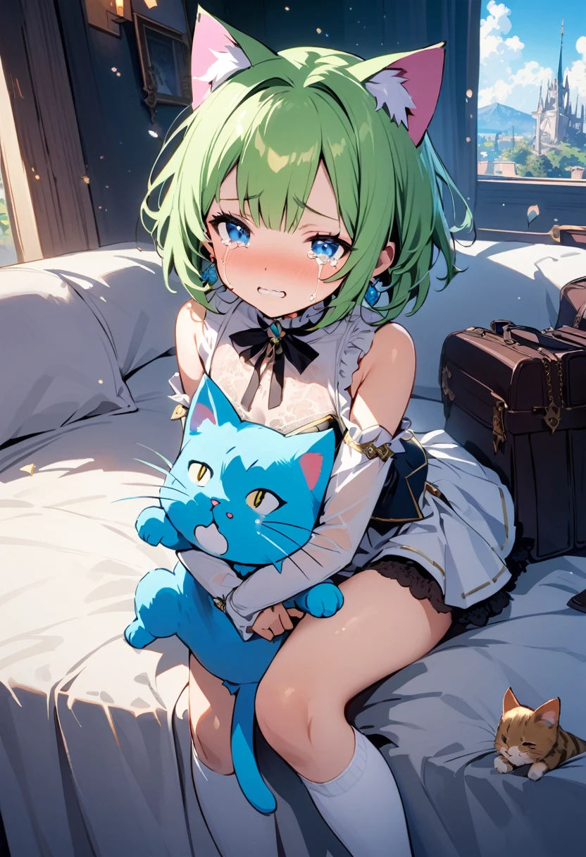 masterpiece, Highest quality, Illustrations for novels, High resolution, 18+ Adult content, Sensual, Intimate, Emotional, Passionate, romantic, sweet, Adorable, Innocent, Pure, Enchanting, Enchantingな, attractive, mysterious, Enchantingな, Enchanting, Immersive, Enchantingな, dream-like, Surreal, Imaginative, Whimsical, Artistic, Avant-garde, timeless, elegant, Sophisticated, chic, Sophisticated, Individuality, original, Enchantingな,One girl,Deltamon_beta, alone, blue eyes, Knee socks, Animal ears, Bare shoulders, Blue Tail, Earrings,Removable sleeves, Green Hair, No sleeve, Cat ear, bag, white Knee socks, Cat's Tail,pink backpack,Pink school bag,(A Cheetah/A cheetah/Cheetah Dress:1.3), Paired with ivory tights and Mary Jane shoes.,Cherry-blossom viewing, azalea, satsuki, azalea blizzard,
rest ((Avoidance method ((kitten)), Crying face))