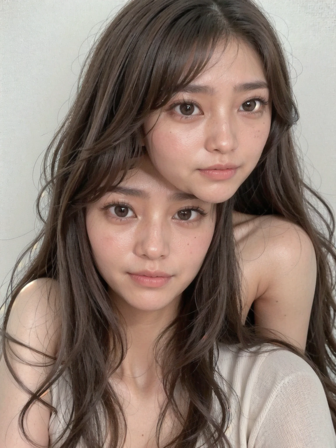 arafed woman with long brown hair and a white shirt, south east asian with round face, without makeup, headshot profile picture, with round face, asian face, face is brightly lit, 3 0 years old woman, 30 years old woman, no makeup wavy hair, taken in the early 2020s, detailed face of a asian girl