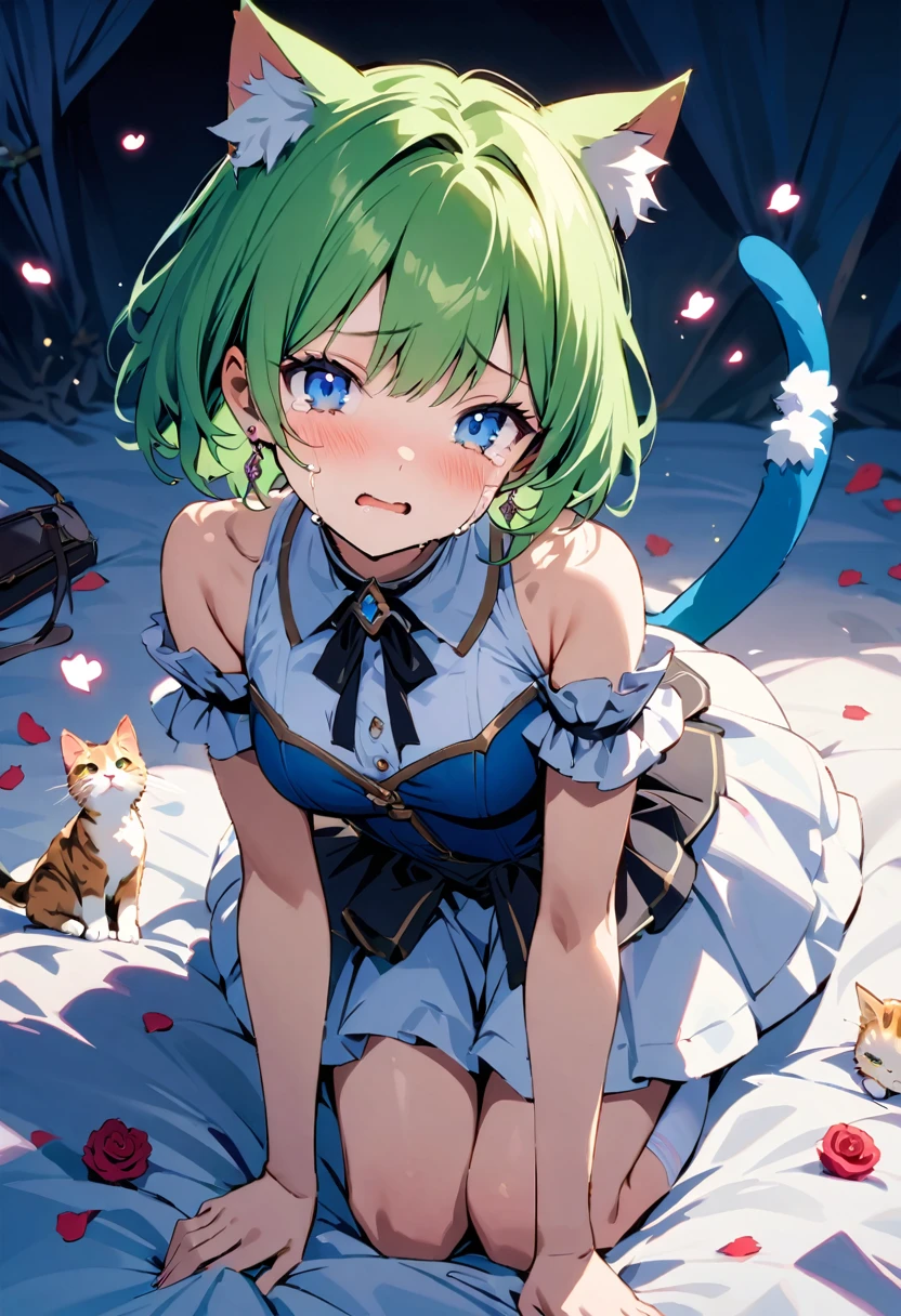 masterpiece, Highest quality, Illustrations for novels, High resolution, 18+ Adult content, Sensual, Intimate, Emotional, Passionate, romantic, sweet, Adorable, Innocent, Pure, Enchanting, Enchantingな, attractive, mysterious, Enchantingな, Enchanting, Immersive, Enchantingな, dream-like, Surreal, Imaginative, Whimsical, Artistic, Avant-garde, timeless, elegant, Sophisticated, chic, Sophisticated, Individuality, original, Enchantingな,One girl,Deltamon_beta, alone, blue eyes, Knee socks, Animal ears, Bare shoulders, Blue Tail, Earrings,Removable sleeves, Green Hair, No sleeve, Cat ear, bag, white Knee socks, Cat's Tail,pink backpack,Pink school bag,Lavender lace: A Cheetah in Peter Pan color/A cheetah/Cheetah Dress, Paired with ivory tights and Mary Jane shoes.,Cherry-blossom viewing, azalea, satsuki, azalea blizzard,
rest ((Avoidance method ((kitten)), Crying face))