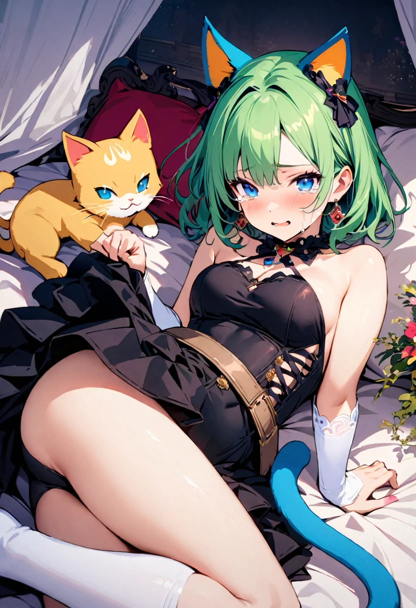 masterpiece, Highest quality, Illustrations for novels, High resolution, 18+ Adult content, Sensual, Intimate, Emotional, Passionate, romantic, sweet, Adorable, Innocent, Pure, Enchanting, Enchantingな, attractive, mysterious, Enchantingな, Enchanting, Immersive, Enchantingな, dream-like, Surreal, Imaginative, Whimsical, Artistic, Avant-garde, timeless, elegant, Sophisticated, chic, Sophisticated, Individuality, original, Enchantingな,One girl,Deltamon_beta, alone, blue eyes, Knee socks, Animal ears, Bare shoulders, Blue Tail, Earrings,Removable sleeves, Green Hair, No sleeve, Cat ear, bag, white Knee socks, Cat's Tail,pink backpack,Pink school bag,Lavender lace: A Cheetah in Peter Pan color/A cheetah/Cheetah Dress, Paired with ivory tights and Mary Jane shoes.,Cherry-blossom viewing, azalea, satsuki, azalea blizzard,
rest ((Avoidance method ((kitten)), Crying face))