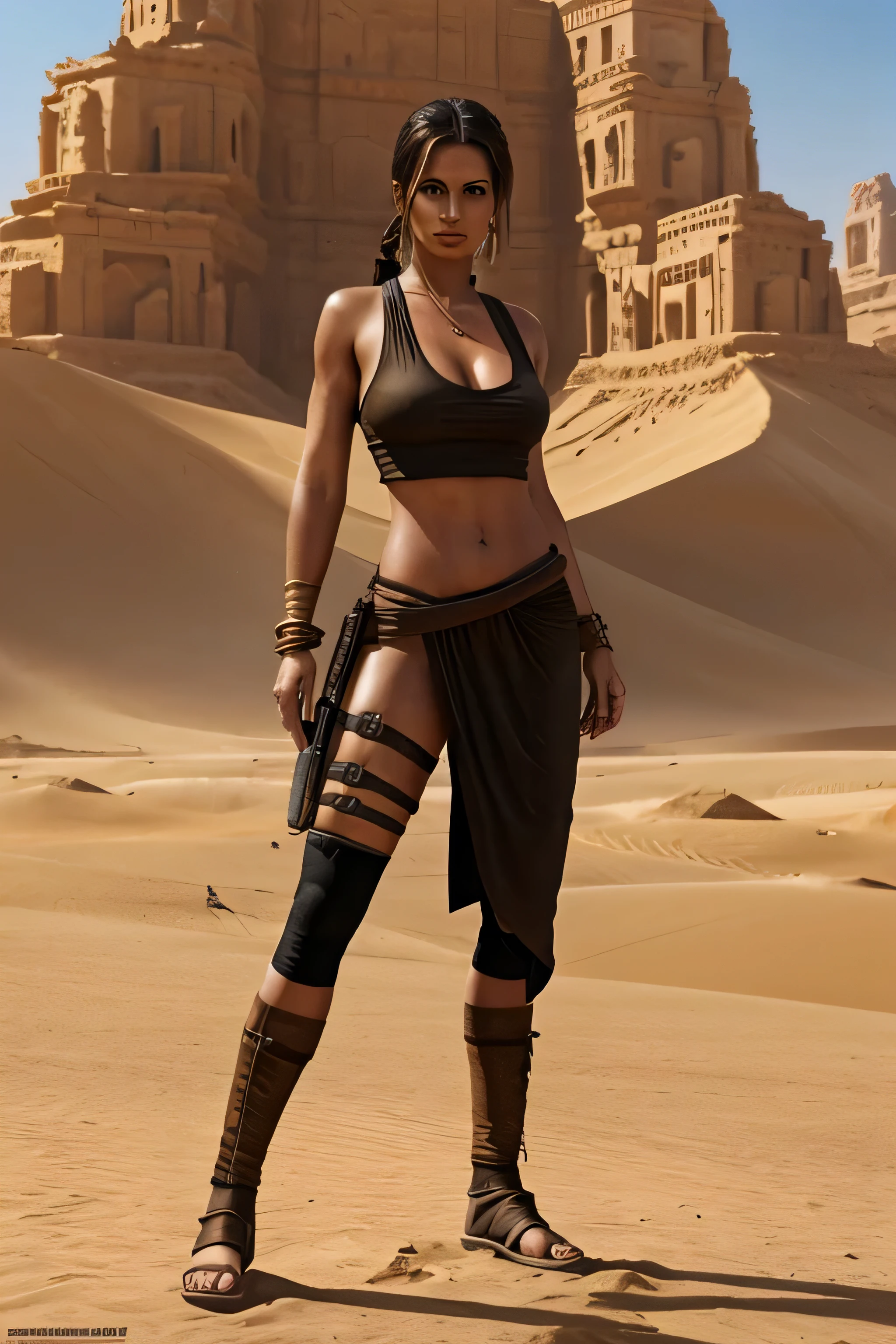 (meisterwerk, Digital art) sexy athletic beduin arabian outfit desert robes  Lara croft perfect face, standing in front of a giant excavation of many poor workers in a sand and rocky desert beforemontains , in a  pose, full body view 