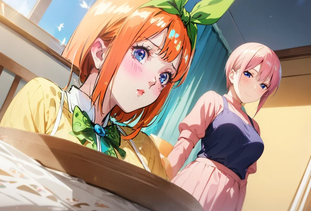  [Nakano yotsuba, nakano_yotsuba, aayotsuba, shoulder length orange hair, green ribbon] blushing, looking down, embarassed face, flustered, goofy awkward, extremely cute face, in love, dreamy eyes,  best quality)), extremely fine and beautiful, super fine illustration, top-quality、Official art、Beautifully Aesthetic:、vivid colours、colourful, HD Detail, Ultra Detail, soft Light, magical photography, intricate details, , sfw, , indigo eyes, masterpiece, 4k, ultradetailed,