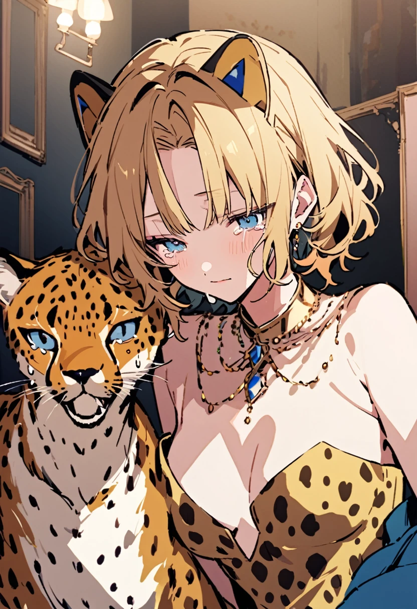 masterpiece, Highest quality, Illustration of the novel, High resolution, 18+ Adult content, Sensual, Intimate, Emotional, Passionate, romantic, sweet, Adorable, Innocent, Pure, Charmな, Charmな, Charm, mysterious, Charmな, Charmな, Immersive, Charmな, dream-like, Surreal, Imaginative, Whimsical, Artistic, Avant-garde, timeless, elegant, Sophisticated, chic, Sophisticated, personality, original, Charmな,(( A Cheetah/A cheetah/Cheetah Dress:1.3)),((Beautiful Tears))、Upper Body、(Little)