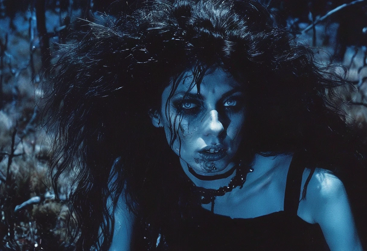 film photography, vintage, fashion photography of horror, close up photo of ugly horror witch with blue eyes in black water, blue night forest background