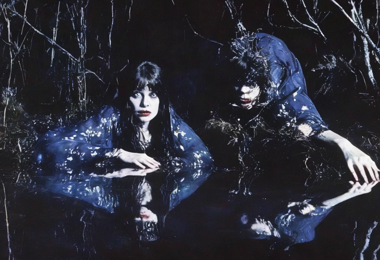 film photography, vintage, fashion photography of horror, close up photo of ugly horror witch with blue eyes in black water, blue night forest background
